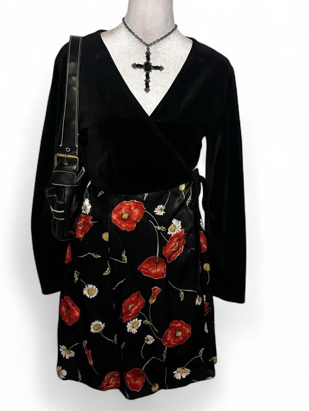 Y2k Black Floral Wrap Dress with Red Poppy Print